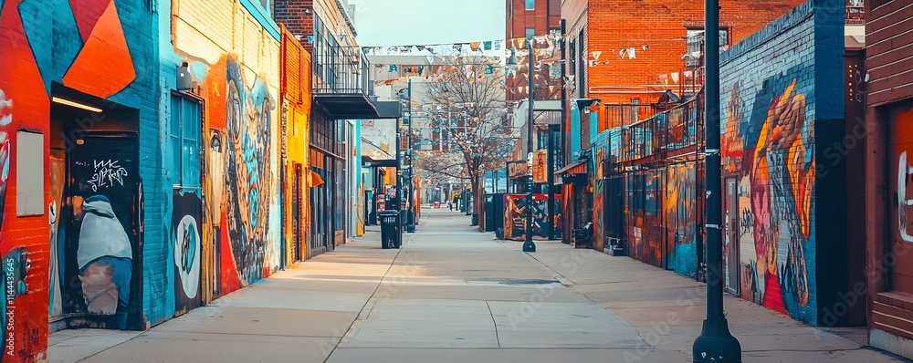Fototapeta premium A vibrant alley showcasing colorful murals and street art, inviting exploration and creativity. Perfect for capturing urban culture, artistic expression, and community spirit.