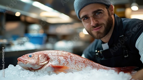 Fishmonger showing fresh red snapper on ice in fish market stall photo