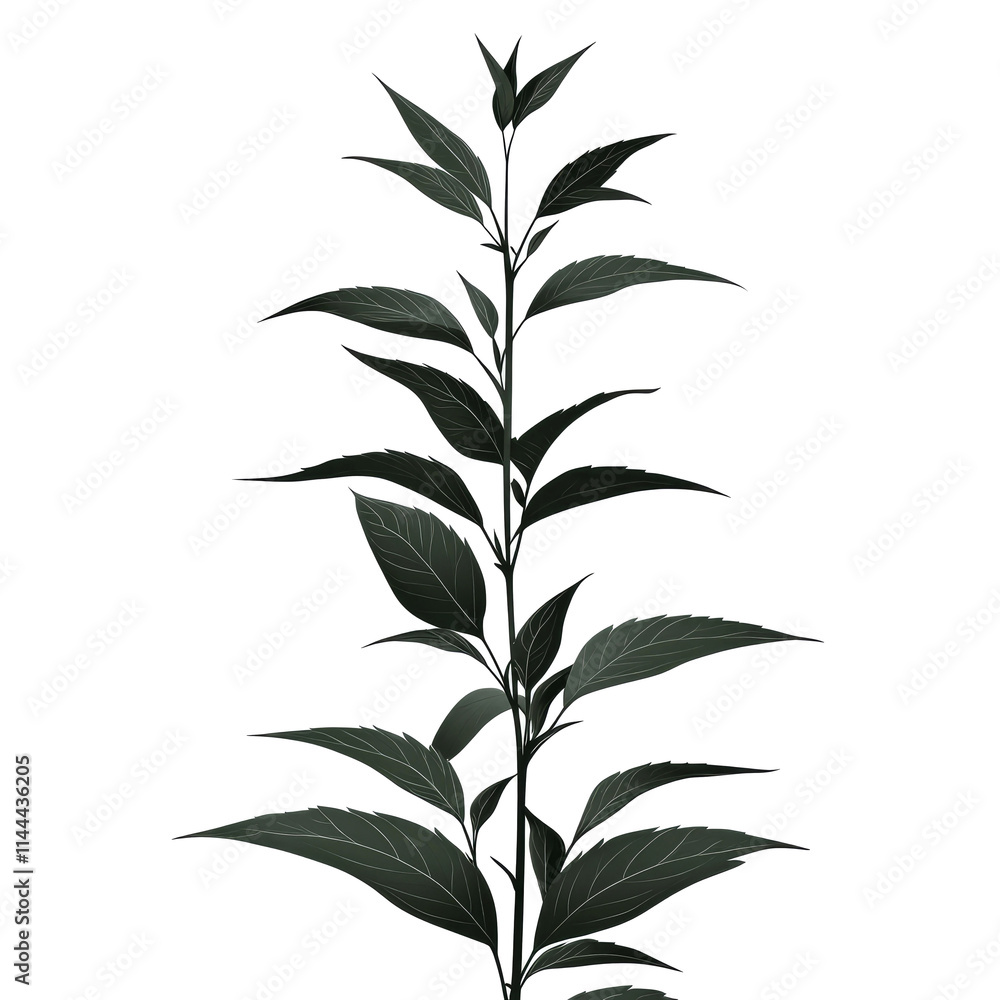 Single dark-green plant stem with leaves isolated on white. Single dark-green plant stem with leaves isolated on white.