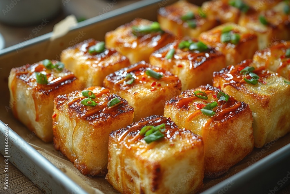 Crispy pan-fried tofu cubes with spicy sauce and green onions topping Crispy pan-fried tofu cubes with spicy sauce and green onions topping