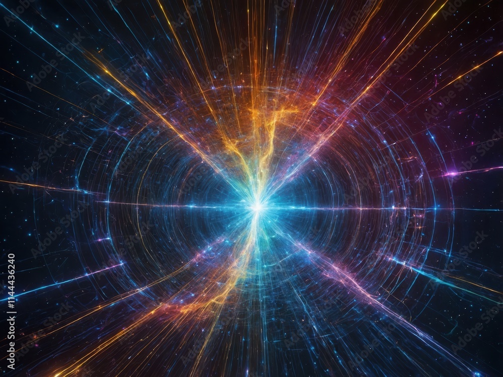 Vibrant cosmic energy radiates from a central point creating a mesmerizing visual effect in deep space Vibrant cosmic energy radiates from a central point creating a mesmerizing visual effect in deep space