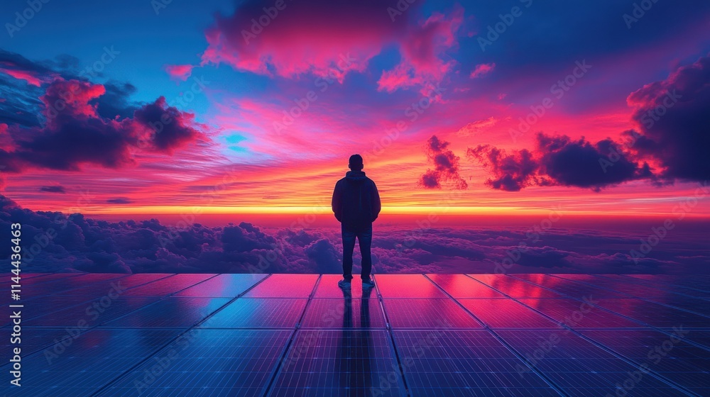 Silhouette against a vibrant sunset over solar panels. Silhouette against a vibrant sunset over solar panels.