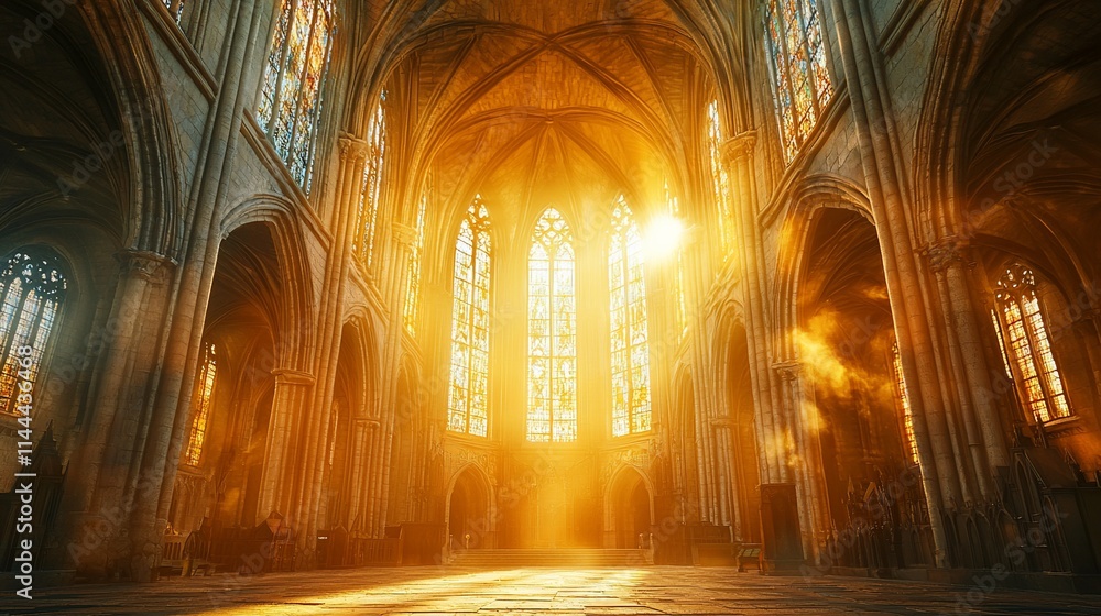 Sunbeams illuminate a majestic gothic cathedral interior. Sunbeams illuminate a majestic gothic cathedral interior.