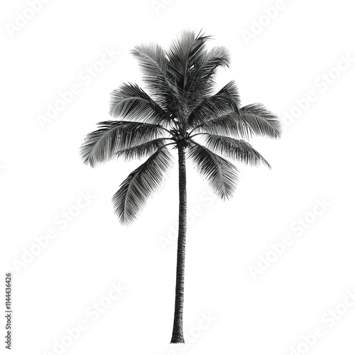 Single grayscale coconut palm tree isolated on white.
