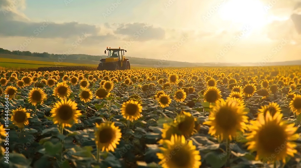 Fototapeta premium A Field of Sunflowers During Harvest with Modern Machinery
