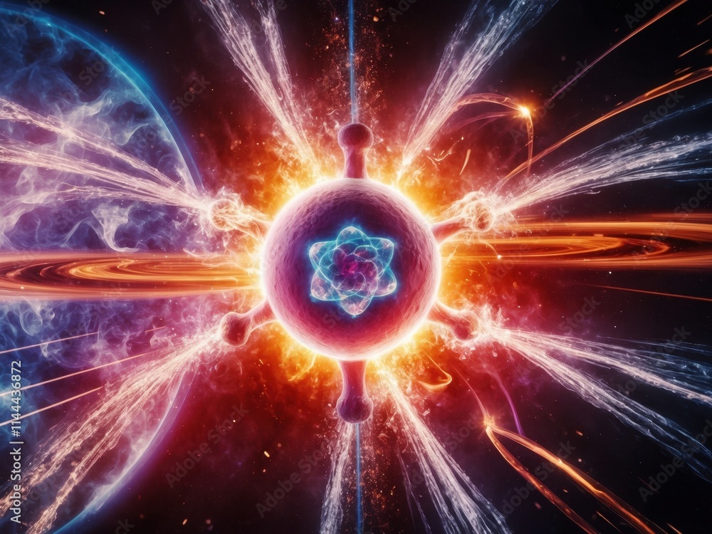 Fototapeta premium Cosmic explosion illustrating the vibrant dynamics of atomic interactions in a colorful celestial environment at the forefront of a distant galaxy