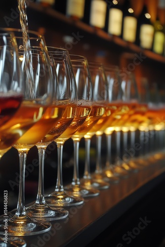 Pouring white wine into elegant glasses lined up on a wooden bar counter in a...