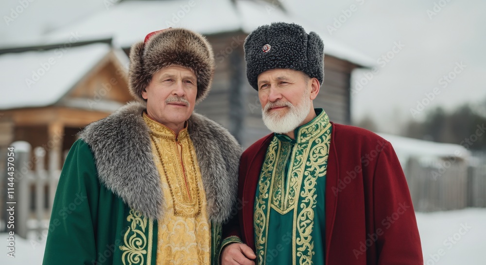 Fototapeta premium Traditional winter attire of caucasian elderly males in historic russian village setting