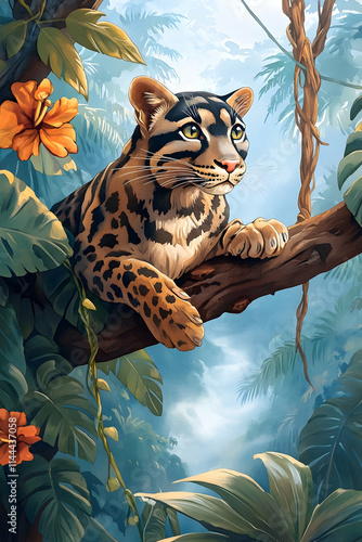 Ocelot resting on branch, lush rainforest background, wildlife conservation poster. photo