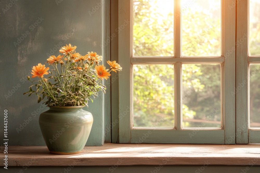 Bright yellow flowers in a green pot by a sunlit window create a warm and inviting atmosphere in a cozy room Bright yellow flowers in a green pot by a sunlit window create a warm and inviting atmosphere in a cozy room