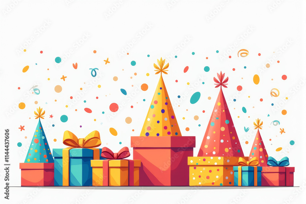 A joyful birthday illustration with colorful confetti, bright gift boxes, and festive decorations creating a cheerful and celebratory theme.. A joyful birthday illustration with colorful confetti, bright gift boxes, and festive decorations creating a cheerful and celebratory theme..