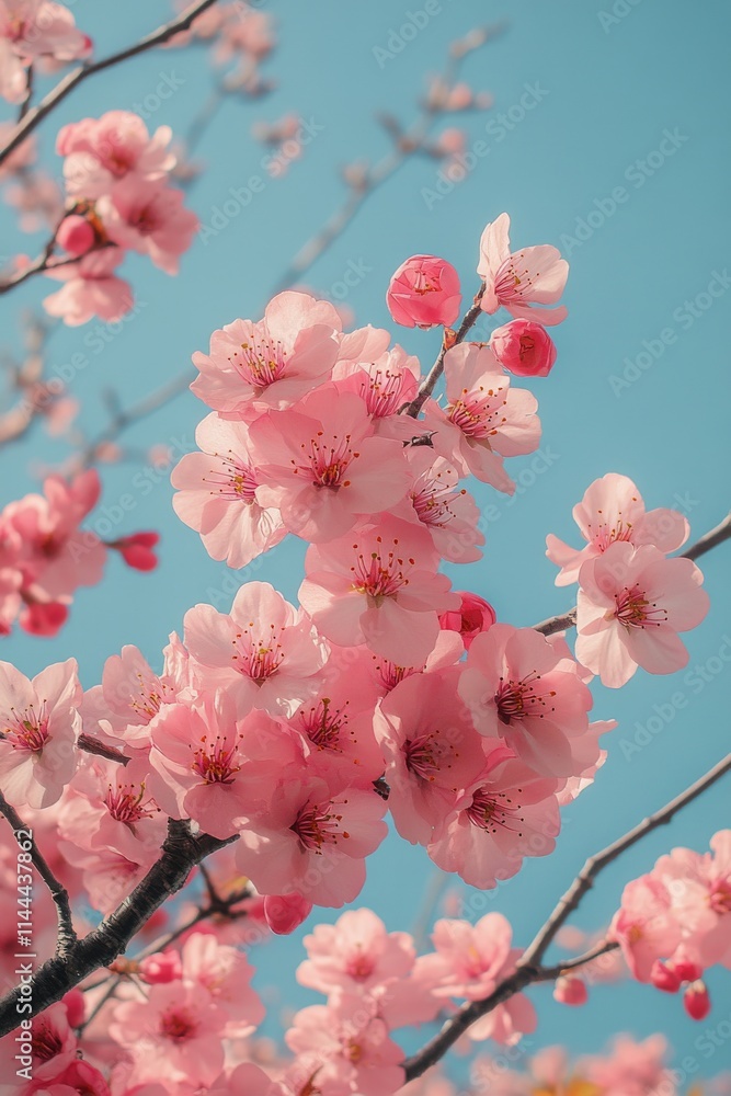 Beautiful cherry blossom flowers bloom against a clear blue sky during spring, showcasing nature's vibrant Beautiful cherry blossom flowers bloom against a clear blue sky during spring, showcasing nature's vibrant