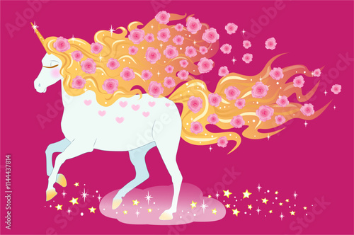 Vector magical illustration: cartoon beautiful unicorn with roses in mane and tail and hearts on skin, runs, leaving a trail of stars and glitter.