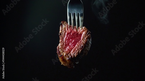 Deliciously grilled steak on a silver fork with a smoky background enhancing ...