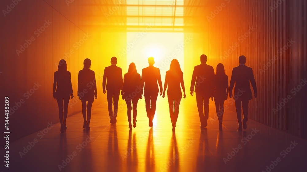 A group of professionals walking towards the light, symbolizing ambition, success, and teamwork in a modern business environment. A group of professionals walking towards the light, symbolizing ambition, success, and teamwork in a modern business environment.