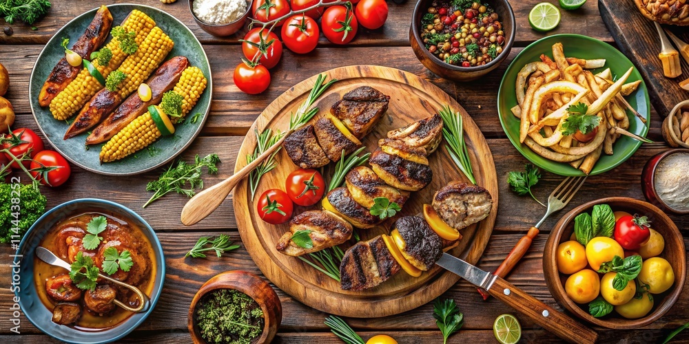 Summer BBQ Picnic Feast: Grilled Lamb Chops, Kebabs & More - Top View Flatlay Summer BBQ Picnic Feast: Grilled Lamb Chops, Kebabs & More - Top View Flatlay