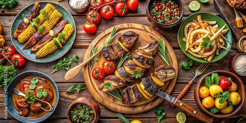 Summer BBQ Picnic Feast: Grilled Lamb Chops, Kebabs & More - Top View Flatlay