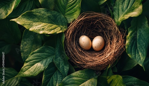 Nest containing two speckled eggs surrounded by lush green leaves in a tranqu...