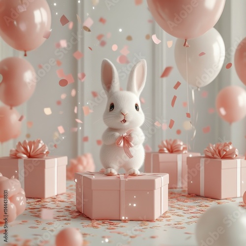 Cute bunny character surrounded by pastel gifts and balloons creating a festi...