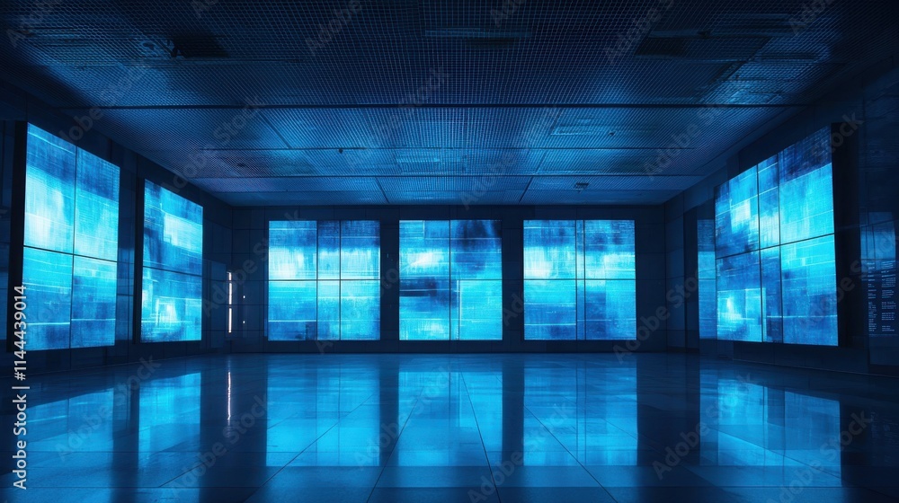 A modern, high-tech room illuminated by vivid blue screens reflecting off a polished floor, showcasing innovation and digital artistry. A modern, high-tech room illuminated by vivid blue screens reflecting off a polished floor, showcasing innovation and digital artistry.