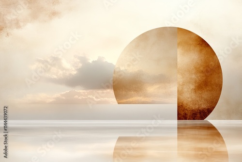 Surreal golden geometric shape reflecting in calm waters under a cloudy sky at dawn photo