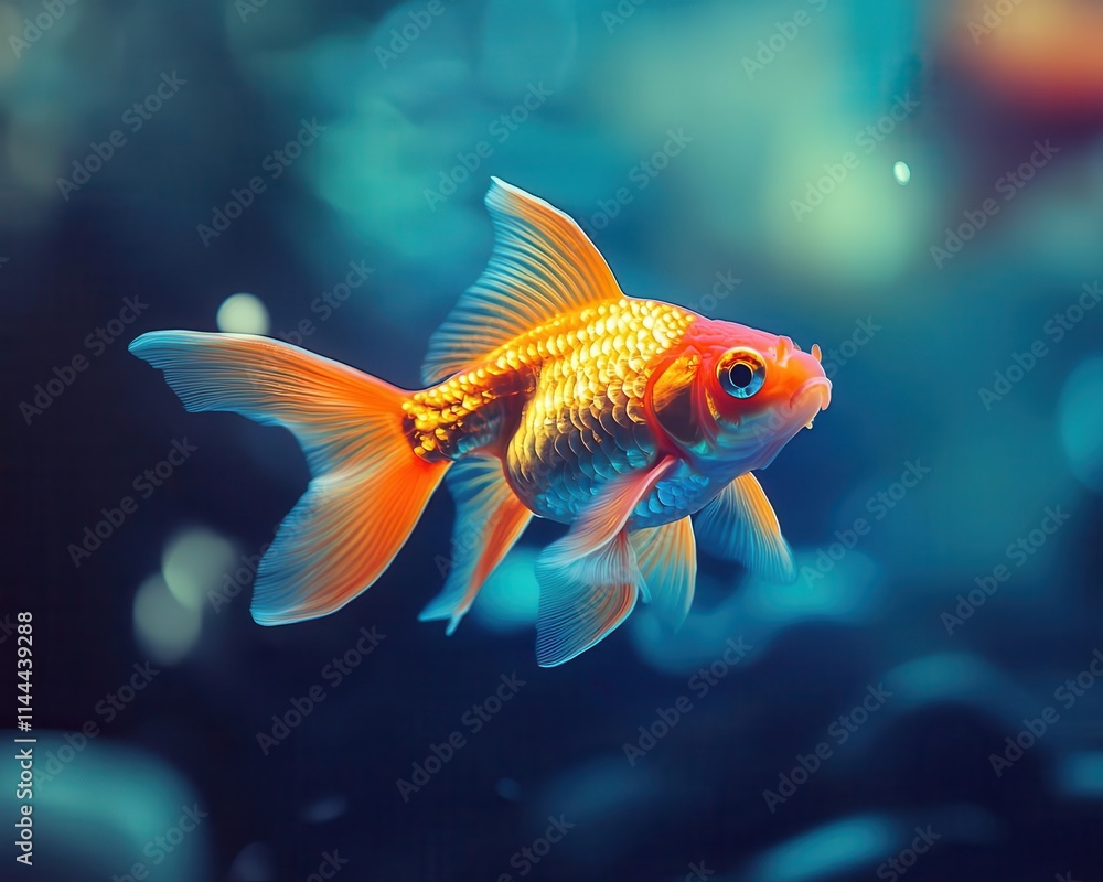 Goldfish swimming with vibrant lighting, sleek aquarium setup, soft glow Goldfish swimming with vibrant lighting, sleek aquarium setup, soft glow