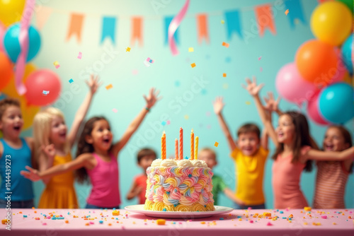 Wallpaper Mural A playful birthday party scene featuring happy kids with balloons, ribbons, and a large cake decorated with candles and sprinkles.. Torontodigital.ca