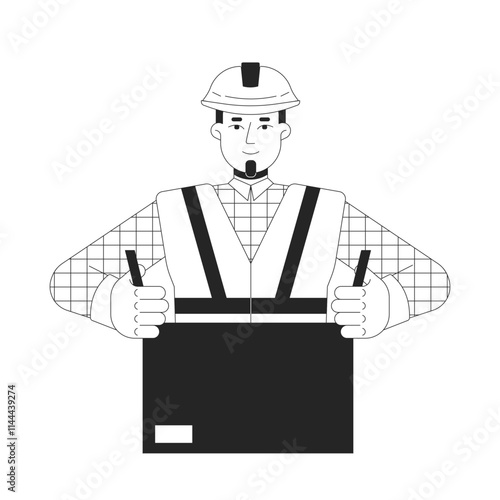 Factory worker packing cardboard box black and white 2D line character. Hardhat packer with gloves and safety gear sealing parcel isolated vector outline person. Monochromatic spot illustration