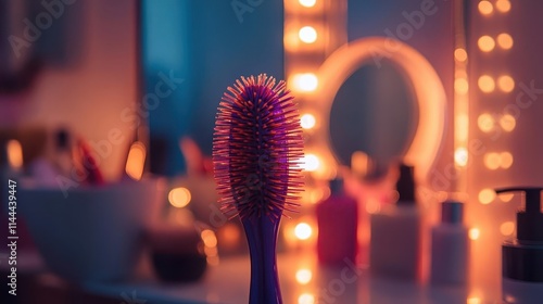 Hairbrush with vibrant bristles, soft lighting, cozy vanity setup photo