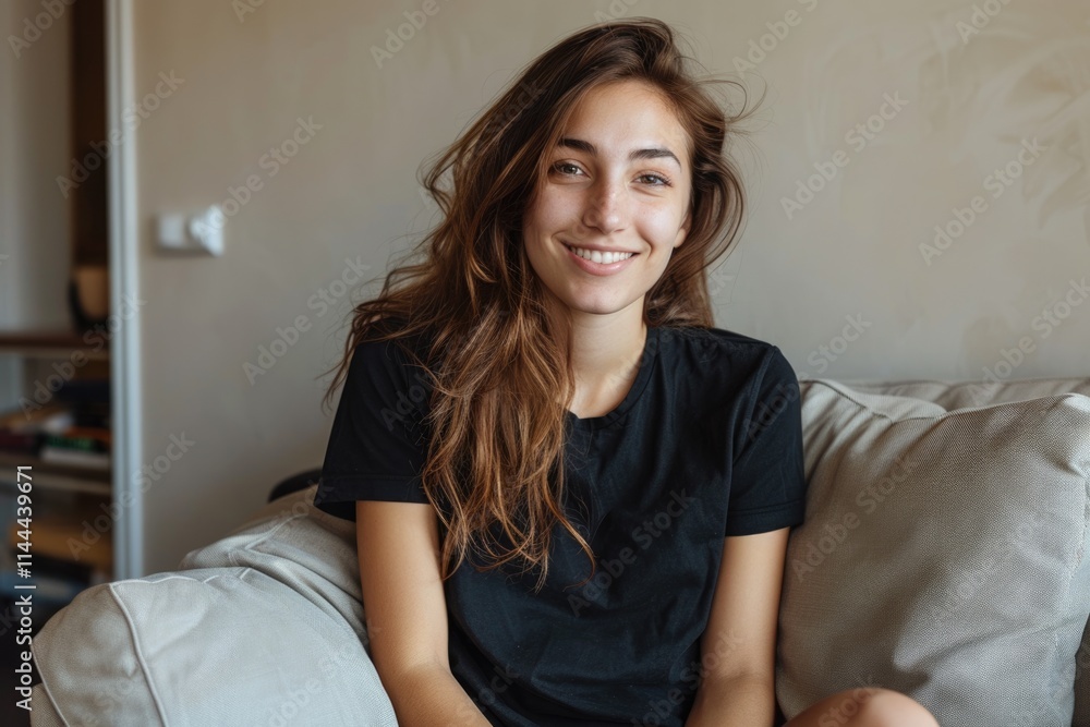 Beautiful young woman looking happy relaxing on the couch wearing a casual black mockup t shirt Beautiful young woman looking happy relaxing on the couch wearing a casual black mockup t shirt