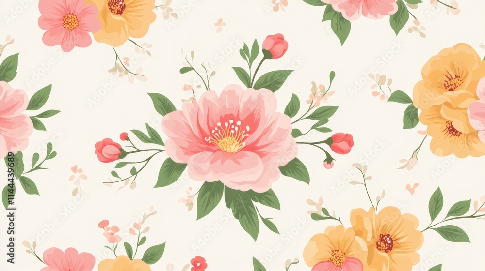 Elegant floral pattern with pink and yellow flowers on a light background Elegant floral pattern with pink and yellow flowers on a light background