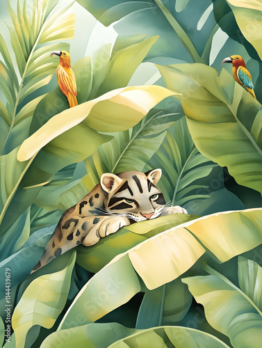 Sleeping Ocelot amidst Lush Tropical Banana Leaves, Birds in Background, Jungle Print Design. photo