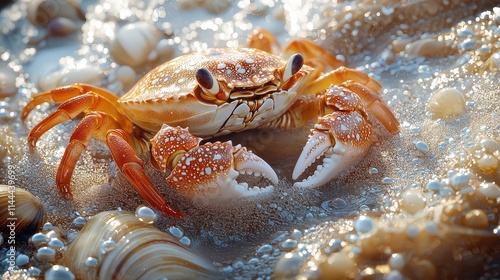 A macro perspective of a crab partially submerged in a tide pool, with shimmering water and nautical elements like shells and sand grains. photo