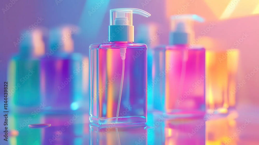 Hand sanitizer bottle with vibrant packaging, soft lighting, sleek design Hand sanitizer bottle with vibrant packaging, soft lighting, sleek design