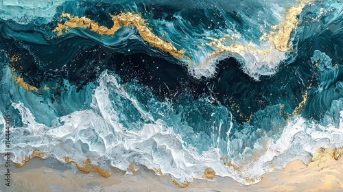 Wallpaper Mural A modern abstract seascape painting showcasing a luxurious blend of turquoise waves, metallic gold highlights, and soft white foam patterns. Torontodigital.ca
