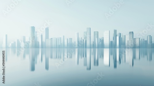 Majestic panoramic view of futuristic financial district skyline featuring sleek corporate towers against morning sky, showcasing modern architectural innovation in urban landscape