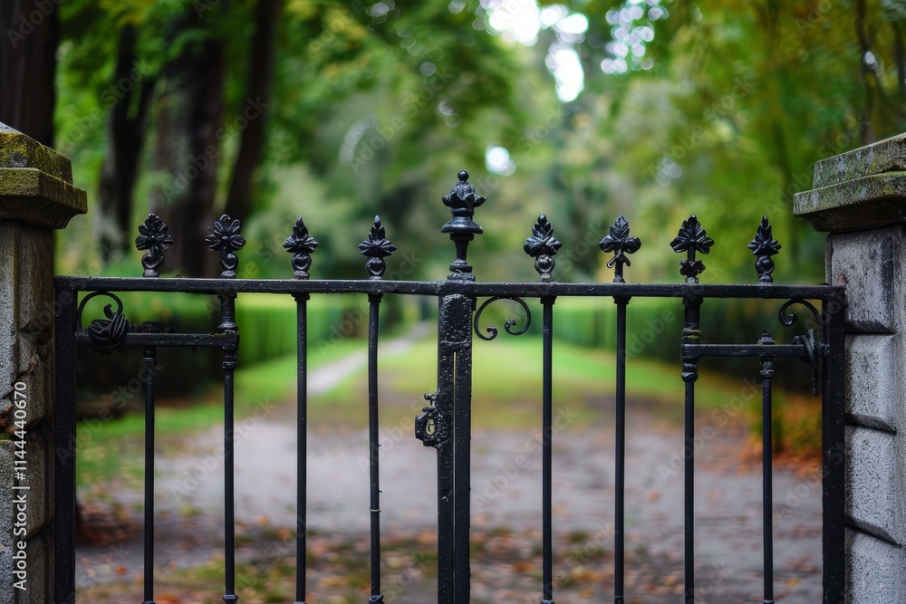 Old wrought iron gate is opening onto a countryside road in autumn