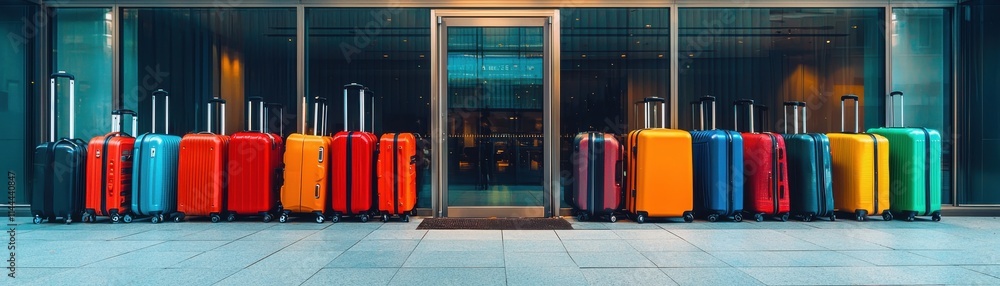 A vibrant display of colorful suitcases lined up outside a modern building, perfect for travel and adventure themes. A vibrant display of colorful suitcases lined up outside a modern building, perfect for travel and adventure themes.