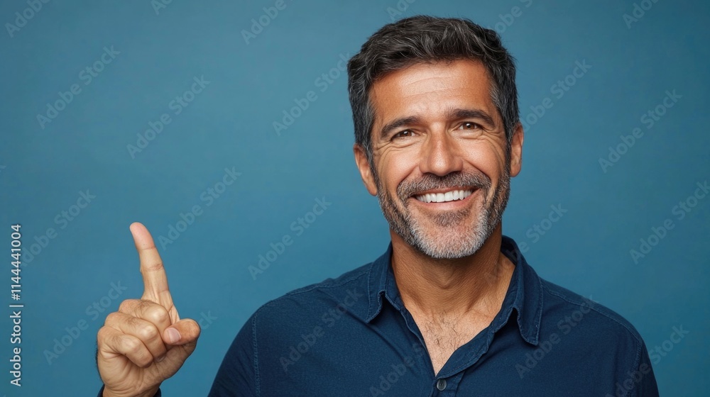 Fototapeta premium Happy man with beard giving thumbs-up, wearing dark top against blue background.