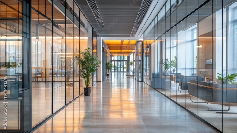 Modern office interior featuring glass walls, natural light, and greenery, creating a refreshing workspace environment. Modern office interior featuring glass walls, natural light, and greenery, creating a refreshing workspace environment.