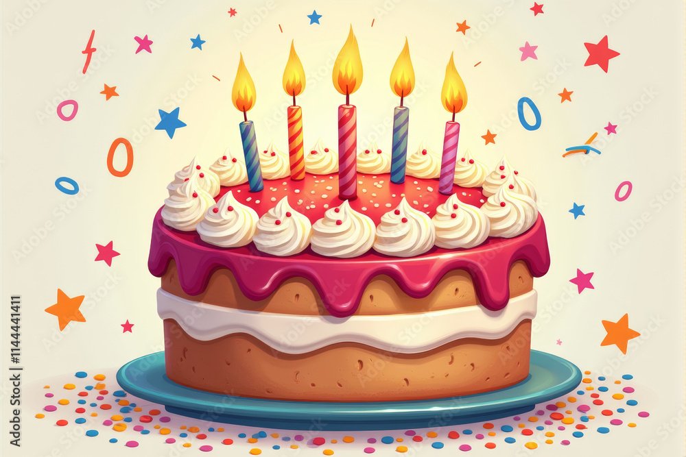 A colorful birthday cake illustration with glowing candles, cheerful decorations, and festive elements creating a vibrant party theme.. A colorful birthday cake illustration with glowing candles, cheerful decorations, and festive elements creating a vibrant party theme..