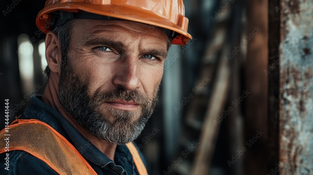 Fototapeta premium A close-up portrait of a serious construction worker wearing a safety helmet, reflecting professionalism and dedication, set against a blurred industrial background.