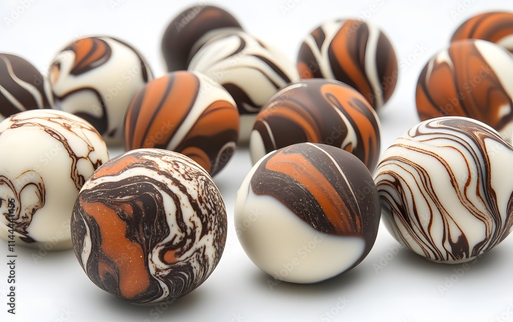 Delicious chocolate truffles with swirled patterns in various shades of brown and cream. Delicious chocolate truffles with swirled patterns in various shades of brown and cream.