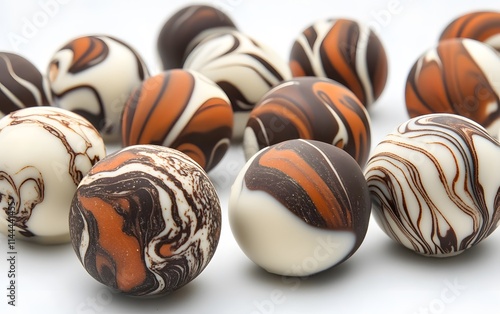 Delicious chocolate truffles with swirled patterns in various shades of brown and cream.