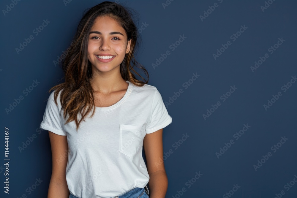 Confident young Latin woman in white t shirt poses for camera. Confident young Latin woman in white t shirt poses for camera.