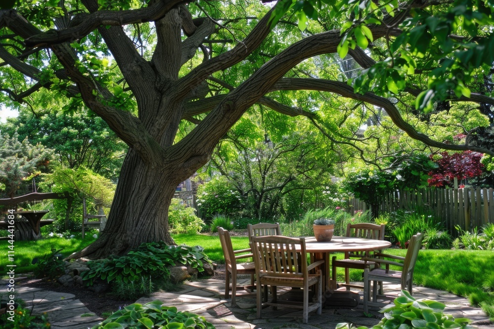 Big Garden Design: Table and Chairs under a Majestic Tree in a Natural Backyard Setting Big Garden Design: Table and Chairs under a Majestic Tree in a Natural Backyard Setting