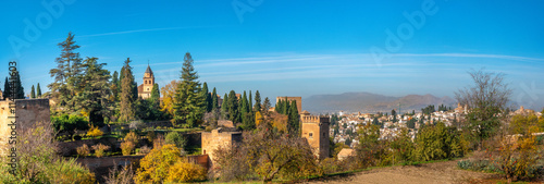 Panoramic view of the remains of the Alhambra complex from the Generalife gardens, Granada, Andalusia, Spain photo