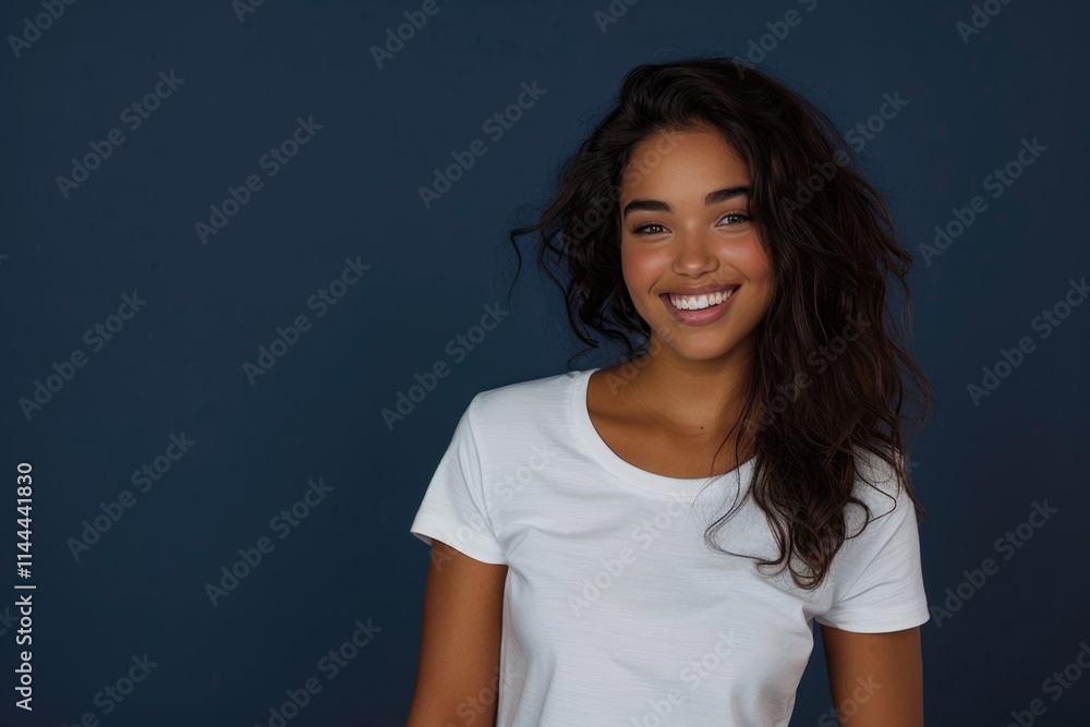 Beautiful young Latin woman in white t shirt walking and smiling Beautiful young Latin woman in white t shirt walking and smiling
