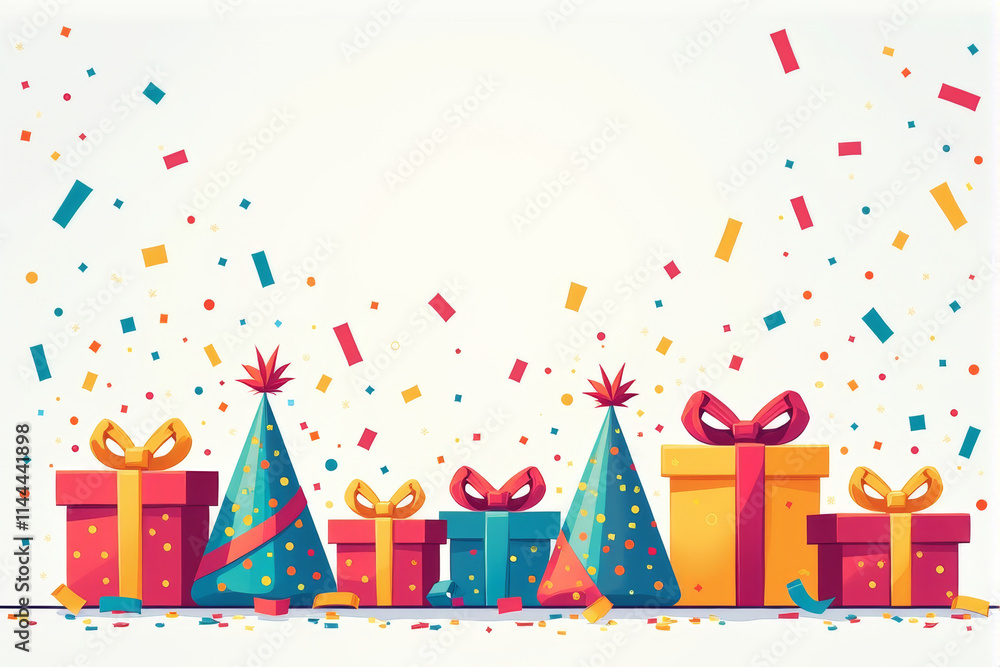 Obraz premium A joyful birthday illustration with colorful confetti, bright gift boxes, and festive decorations creating a cheerful and celebratory theme..