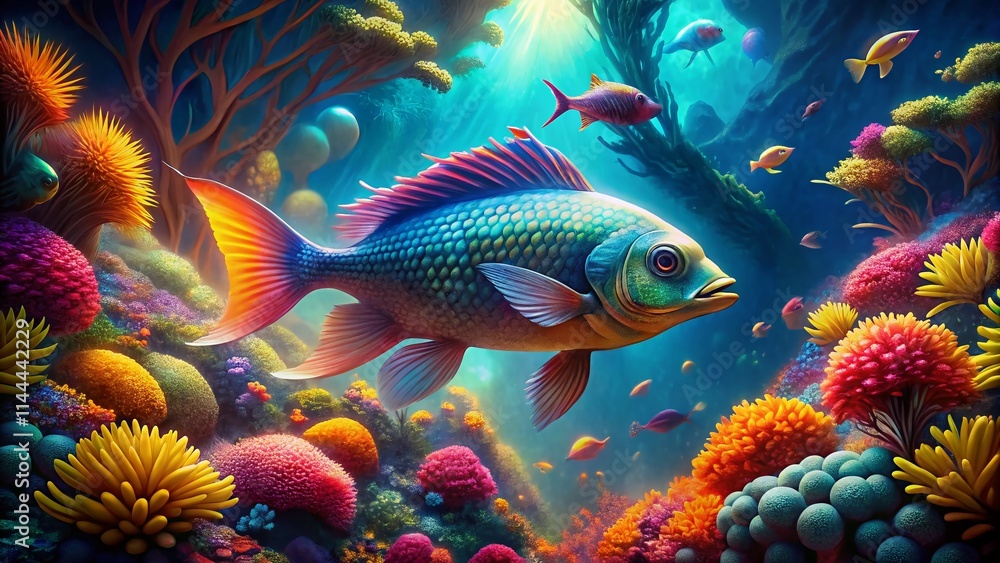 Fototapeta premium Surreal Billed Fish Photography: Dreamlike Aquatic Creatures, Fantasy Fish Art, Underwater Surrealism, Psychedelic Fish Images